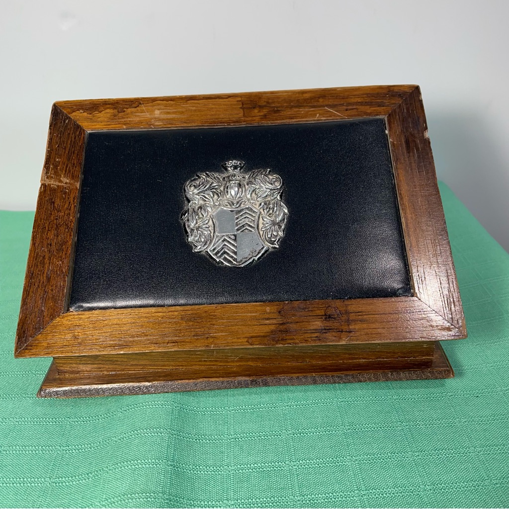 Vintage Wood Box Black Leather Silver Crest Mcm Mens Jewelry Box